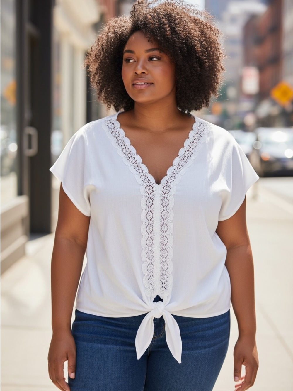 Women's Plus White Lace-Trim Tie-Front Top